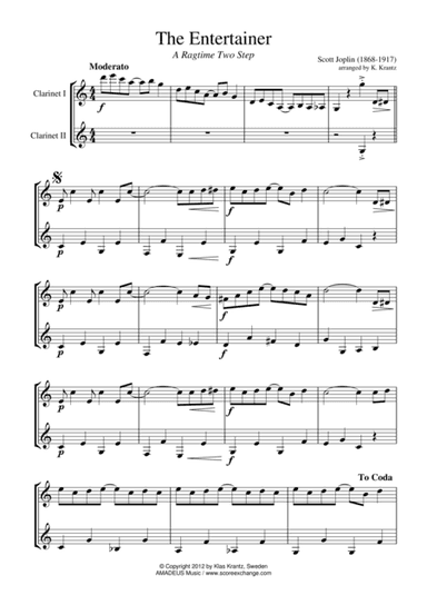 The Entertainer, Ragtime (easy, abridged) for clarinet duet (arr. Klas Krantz)