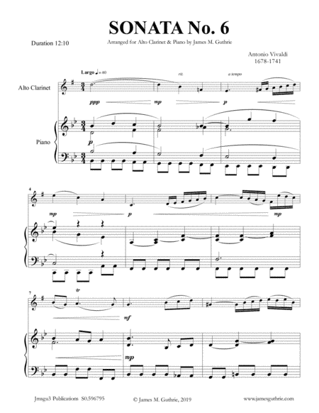 Vivaldi: Sonata No. 6 for Alto Clarinet & Piano (arr. James M. Guthrie, ASCAP)