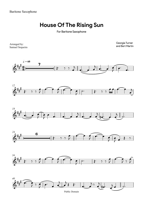 House of the Rising Sun - for Baritone Saxophone - with play along (arr. Samuel Sequeira)