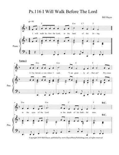 Psalm 116:  I Will Walk Before The Lord (piano/vocal)