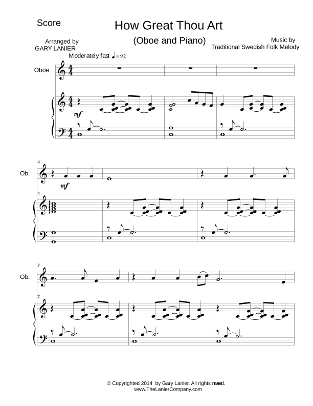 HOW GREAT THOU ART, Oboe and Piano (Score & Parts included) (arr. Gary Lanier)