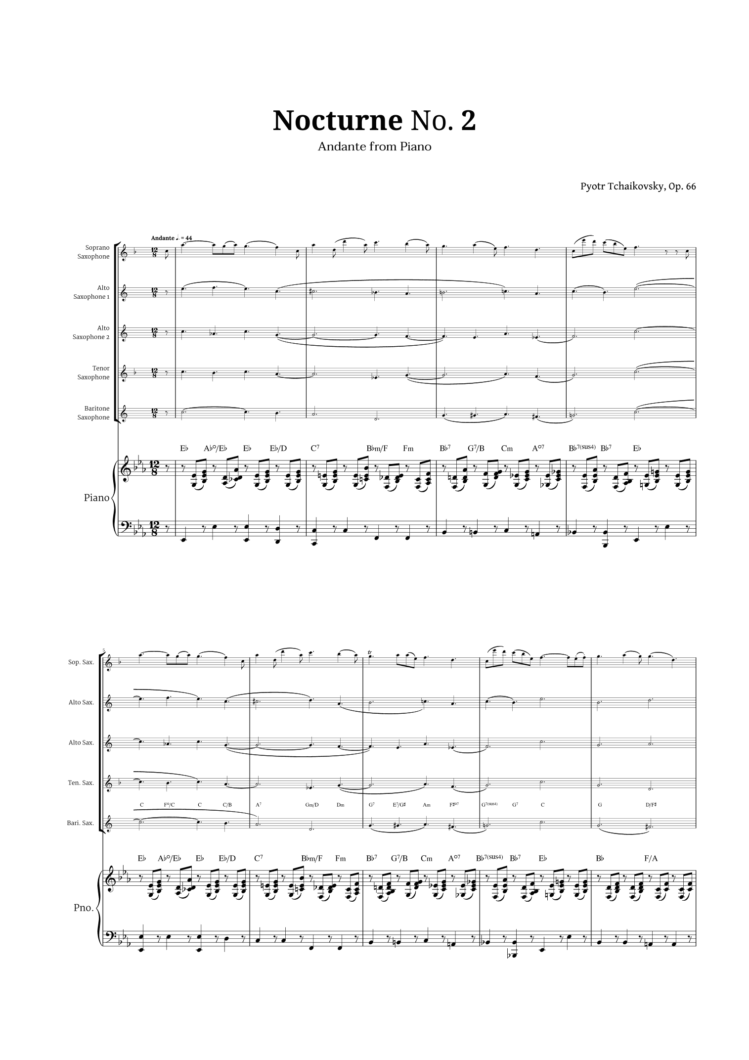 Nocturne by Chopin for Sax Quintet and Piano (arr. Langanho)