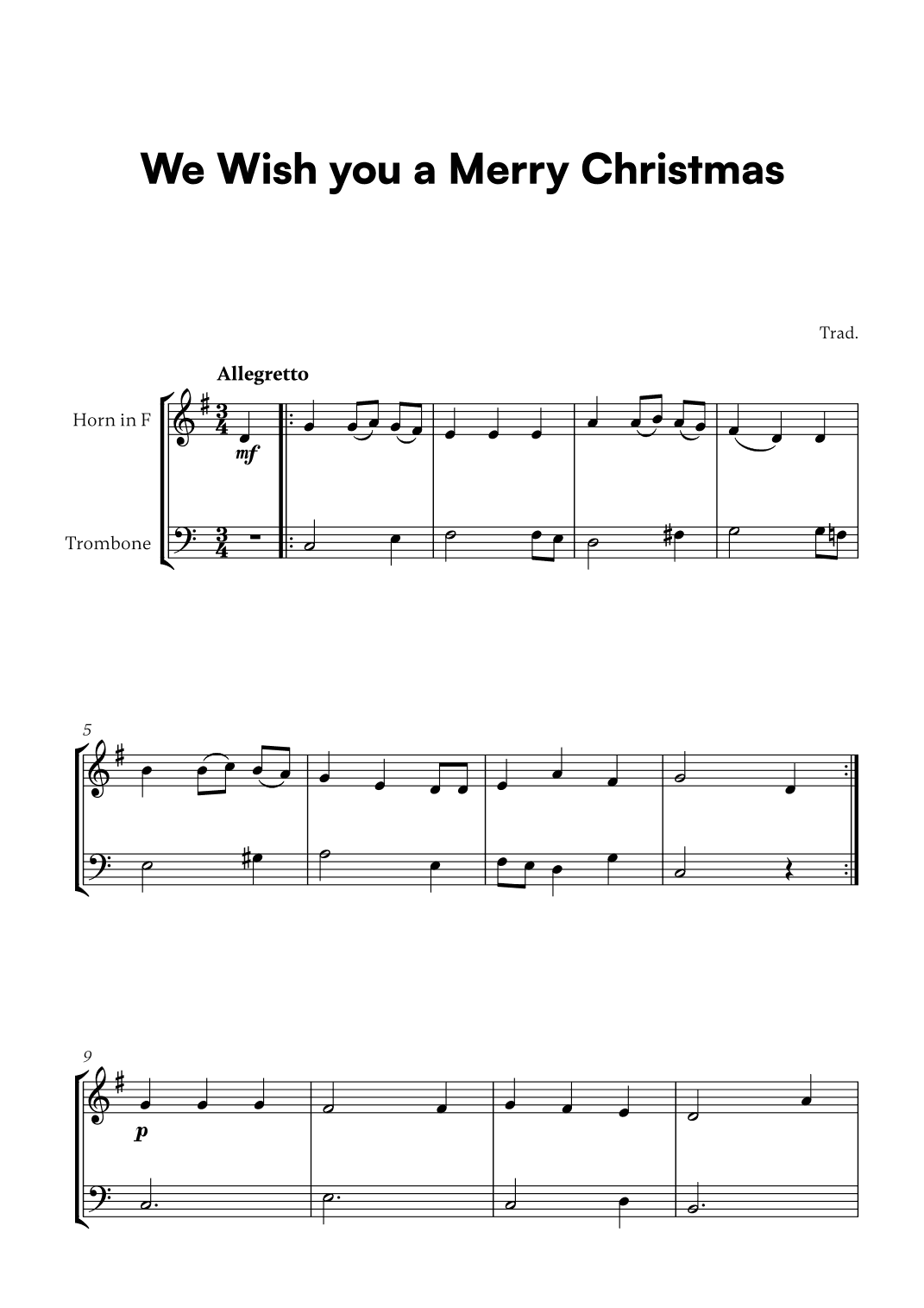 Trad. - We Wish you a Merry Christmas (for French Horn and Trombone) (arr. Cadenza Editions)