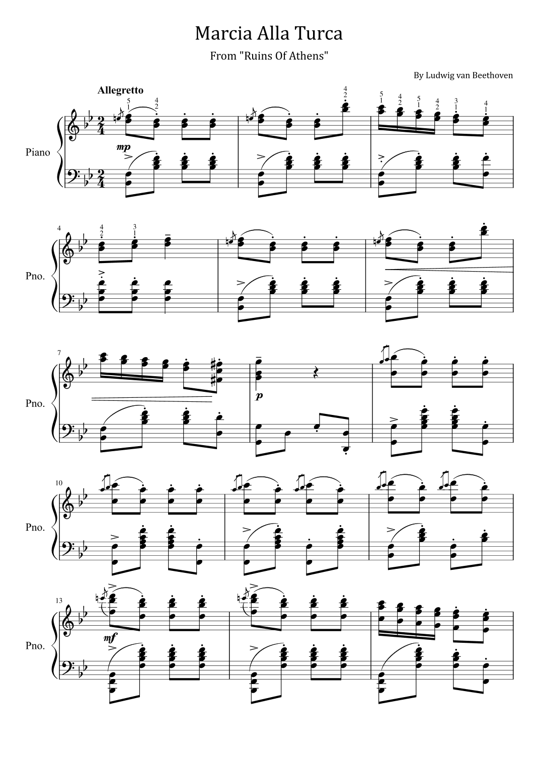 Beethoven - Marcia Alla Turca - Op.113 Original With Fingered - For Piano Solo (arr. poon)