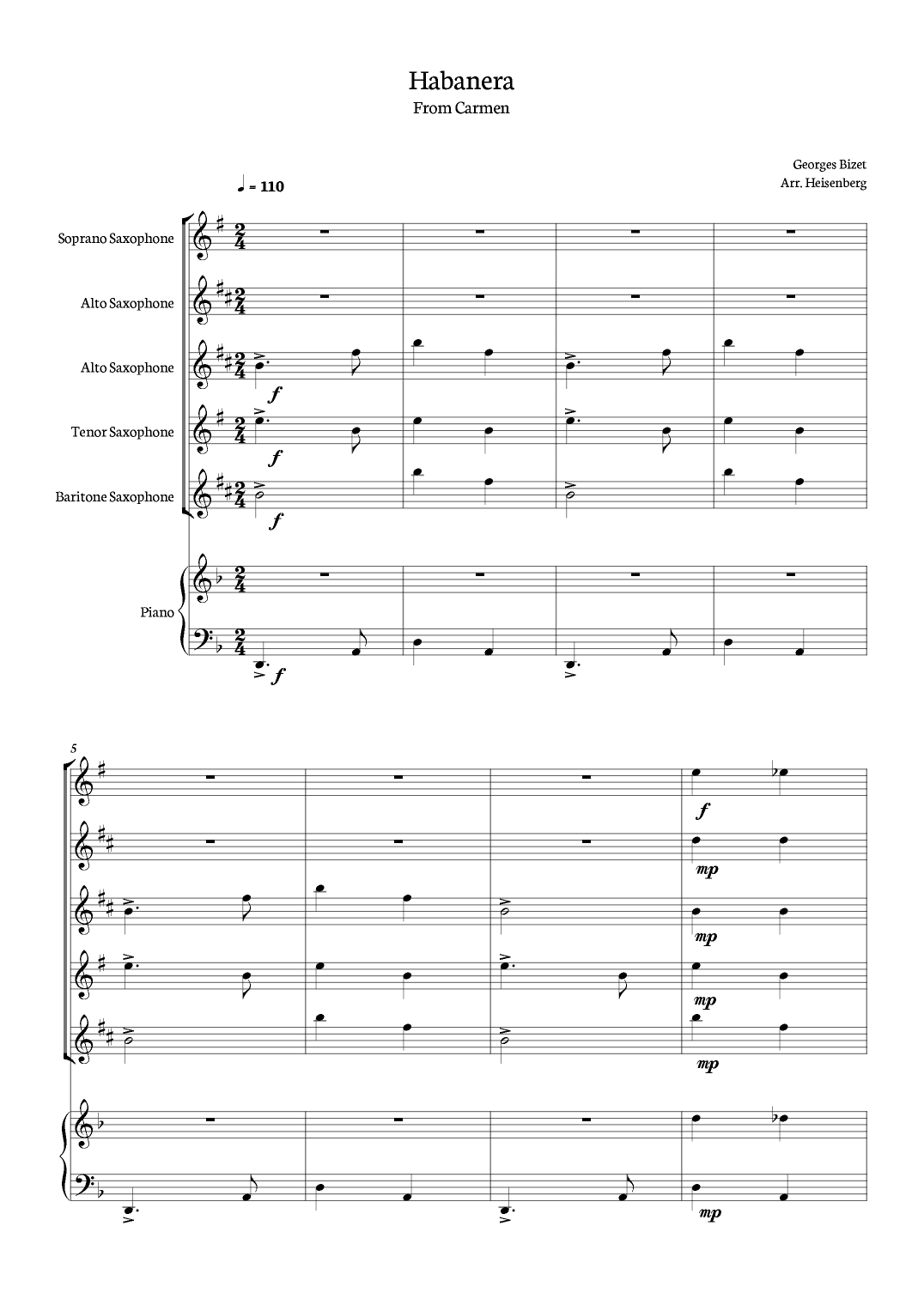 Habanera - Carmen - Georges Bizet, for Saxofone Quintet  with piano in a easy version. (arr. Heisenberg)