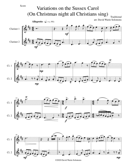 Variations on the Sussex Carol (On Christmas night all Christians sing) for clarinet duo (arr. David Warin Solomons)