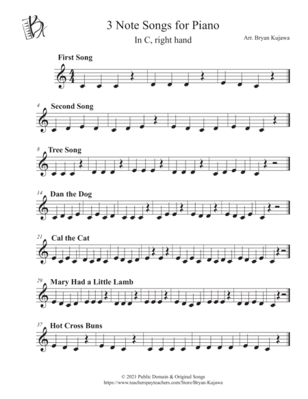 3 Notes Songs for Piano (CDE right hand only)