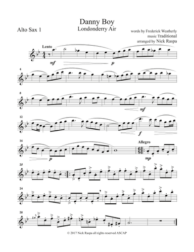 Danny Boy for Saxophone Quintet - Alto Sax 1 part (arr. Nick Raspa)