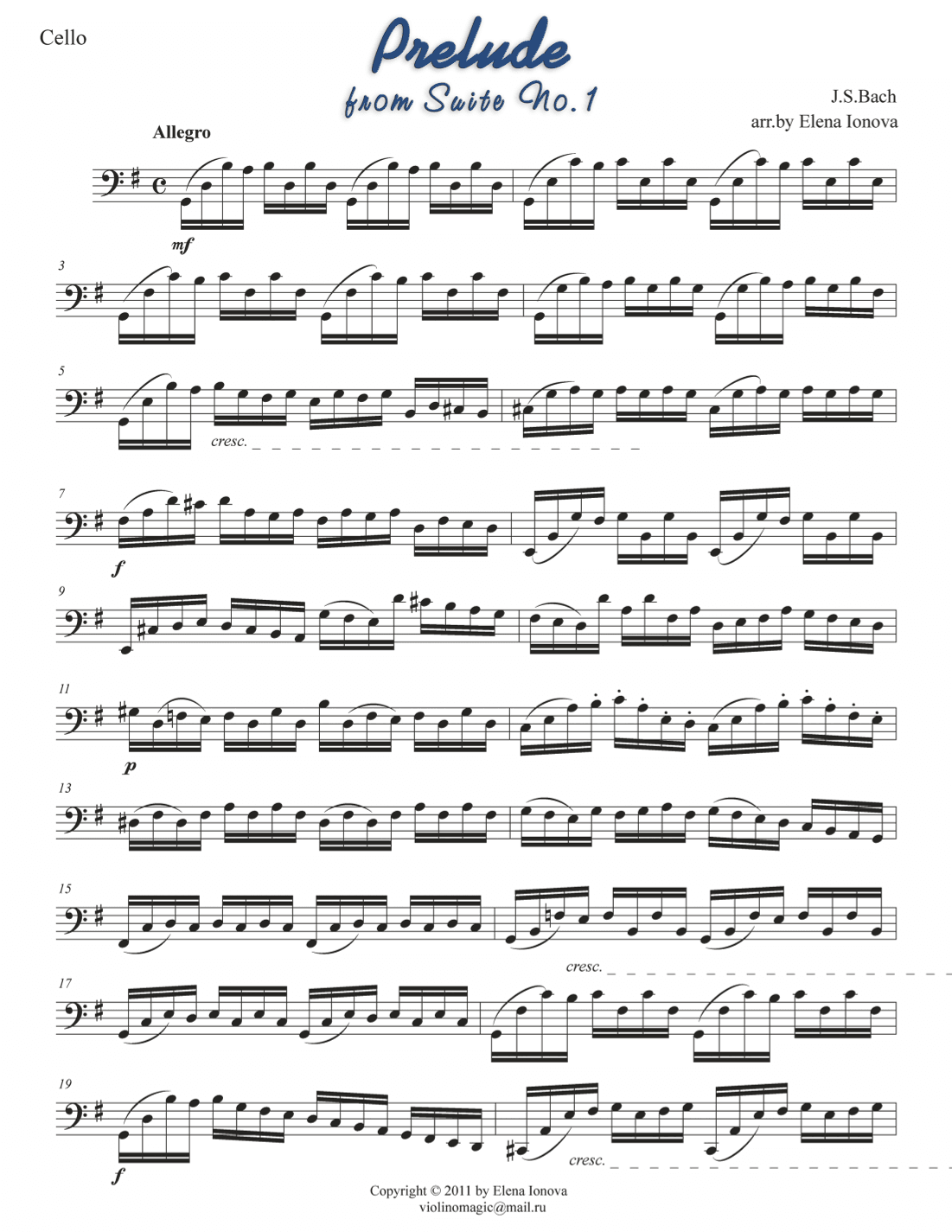 Prelude from Cello Suite No.1 in G (arr. Elena Ionova)