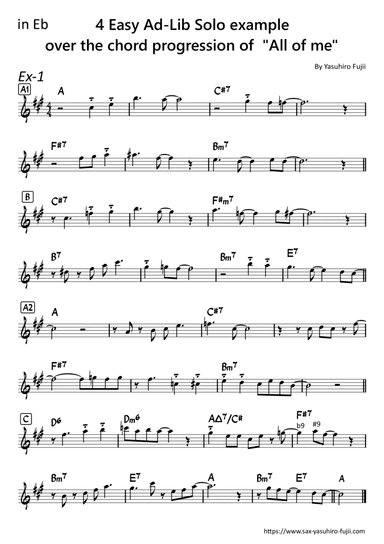 4 Easy Ad-Lib Solo examples over the chord progression of "ALL of Me" for Alto Sax in Eb