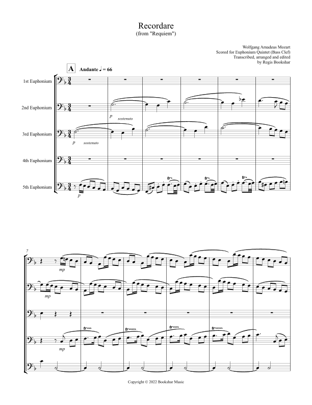 Recordare (from "Requiem") (F) (Euphonium Quintet - Bass Clef) (arr. Regis Bookshar)