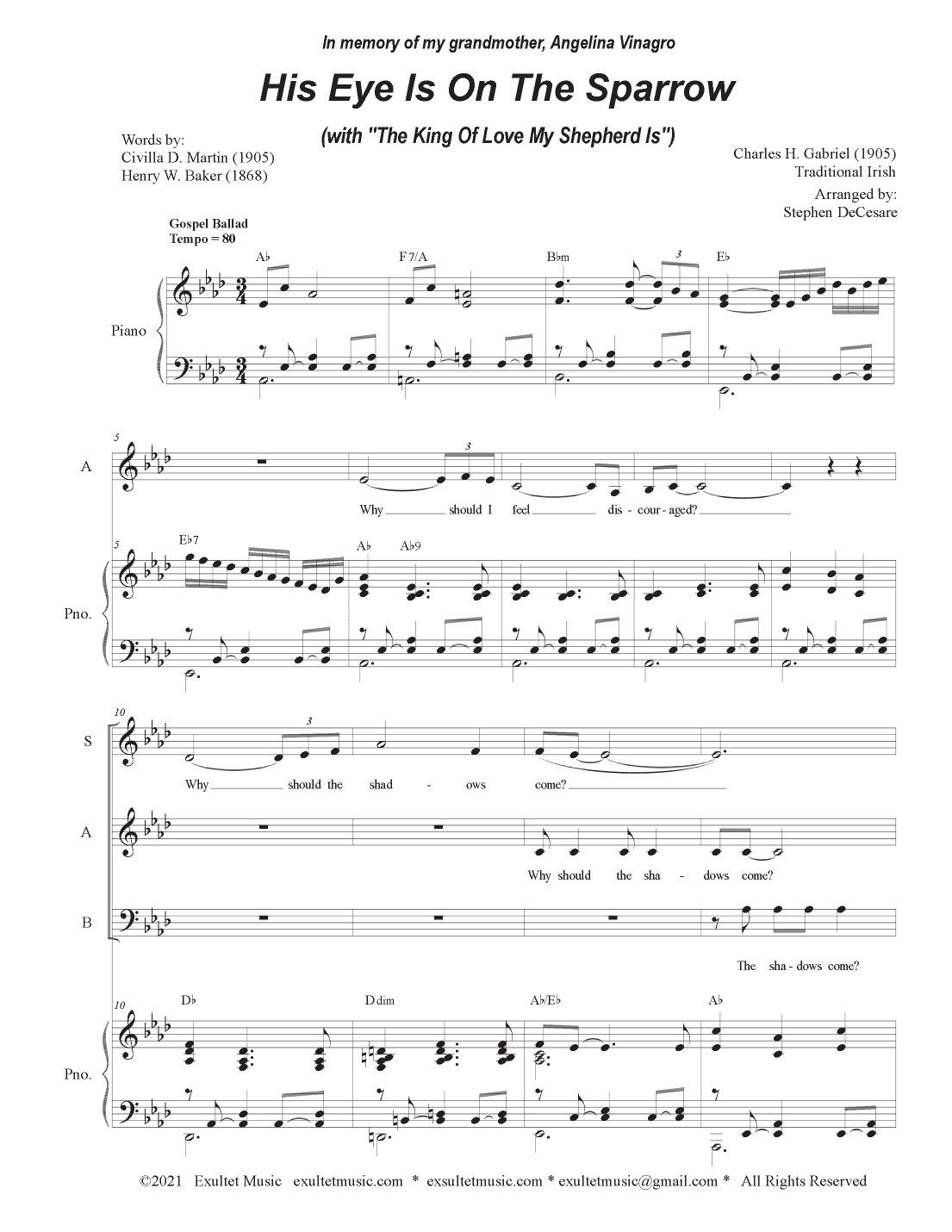 His Eye Is On The Sparrow (with "The King Of Love My Shepherd Is") (SAB) (arr. Stephen DeCesare)