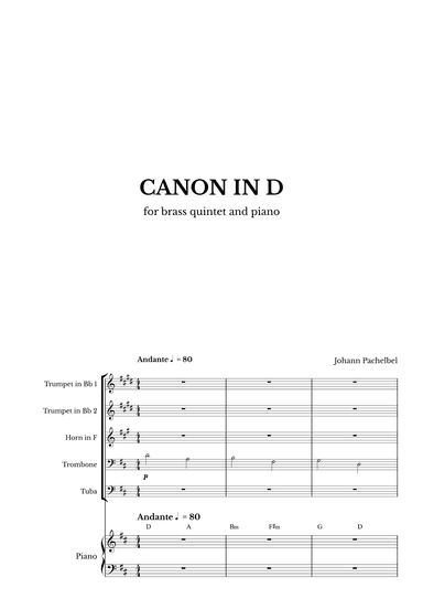 Canon in D for Brass Quintet and Piano with chords (arr. Maurício Luz)