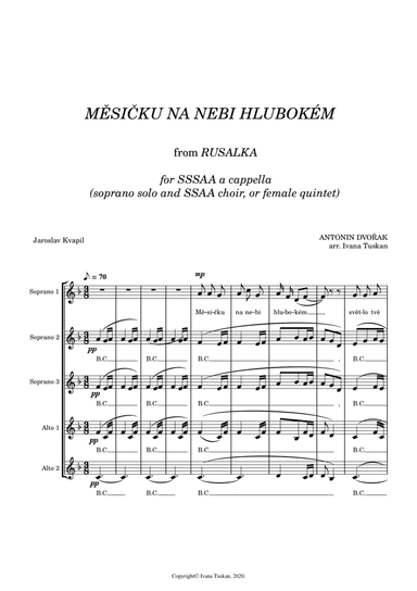 Mesicku na nebi (Song to the moon), SSAAA a cappella F major (arr. Ivana Tuskan)