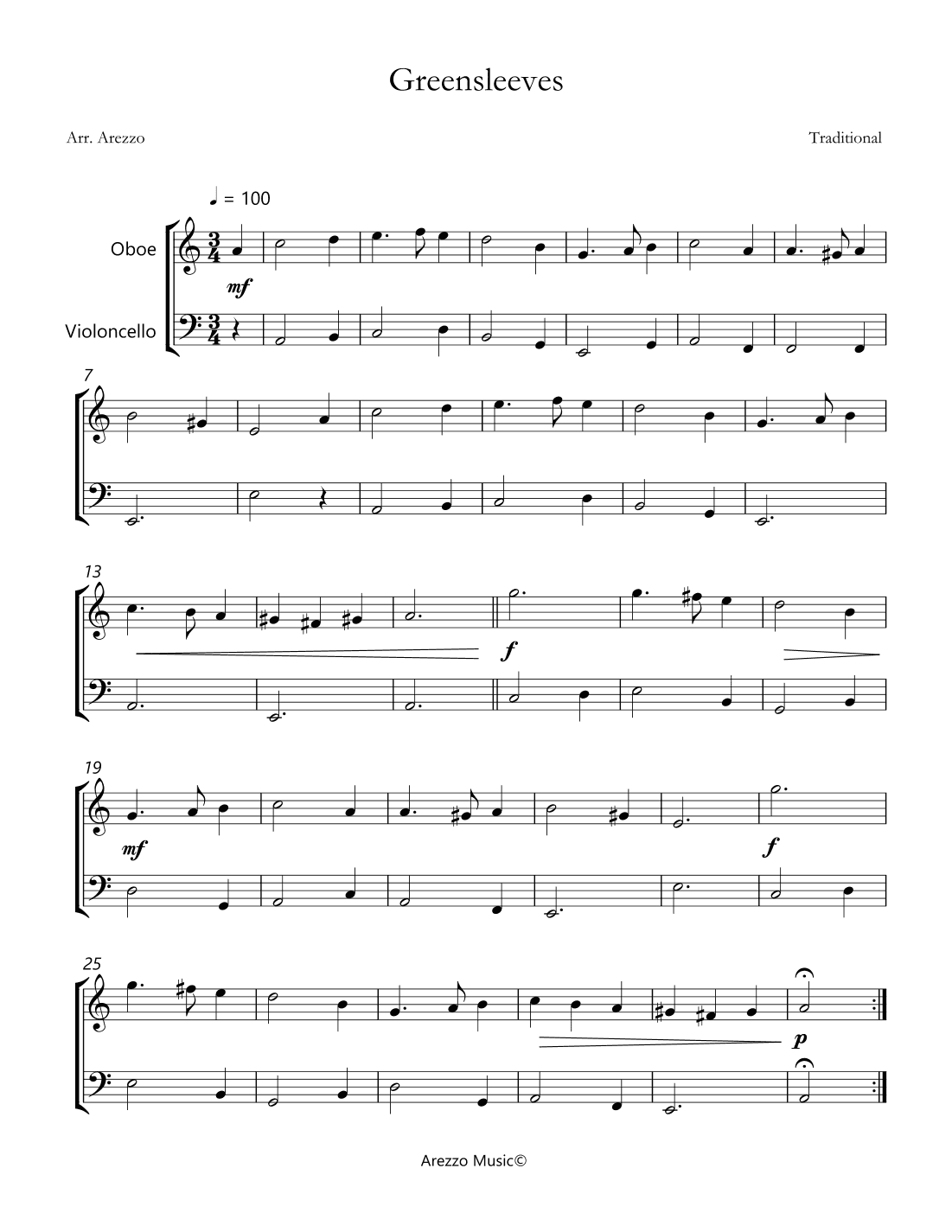 greensleeves oboe and cello arezzo sheet music engraver (arr. Arezzo Music)