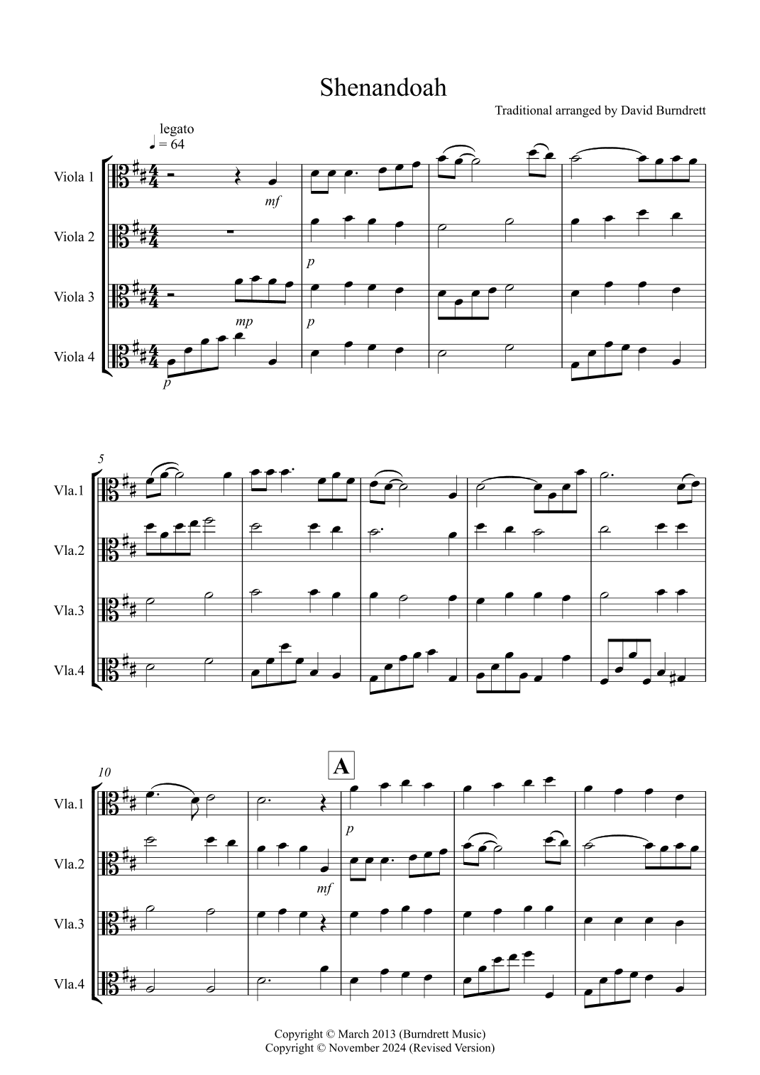 Shenandoah for Viola Quartet (arr. David Burndrett)