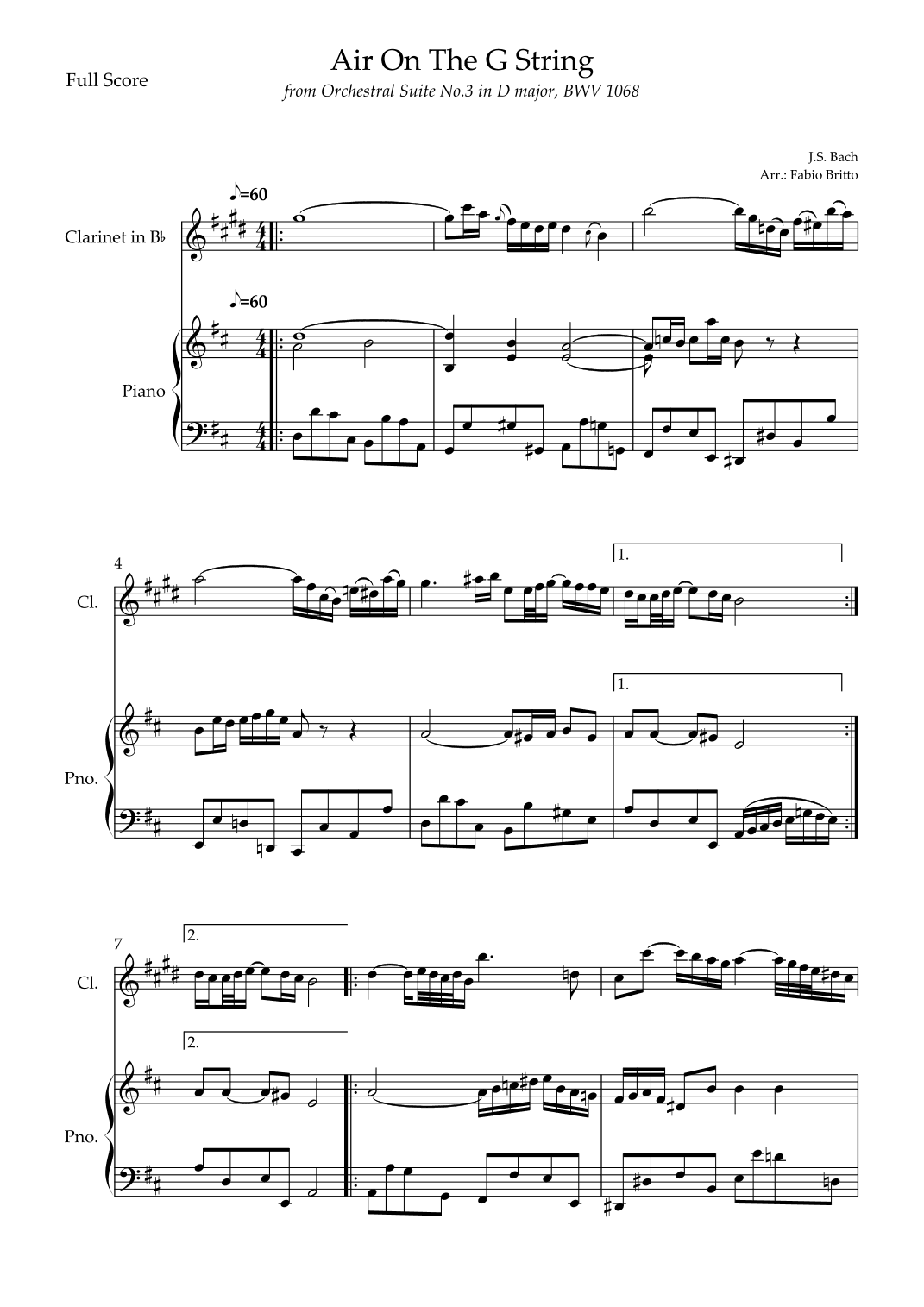Air On The G String (J.S. Bach) for Clarinet in Bb Solo and Piano Accompaniment (arr. Fabio Britto)