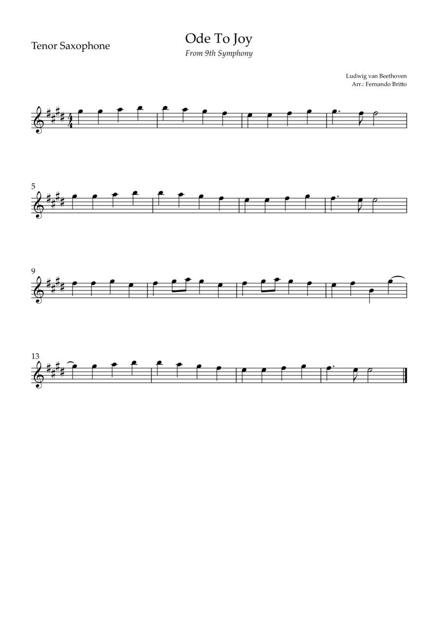 Ode To Joy (from Beethoven's 9th Symphony) for Tenor Saxophone Solo (arr. Fernando Britto)