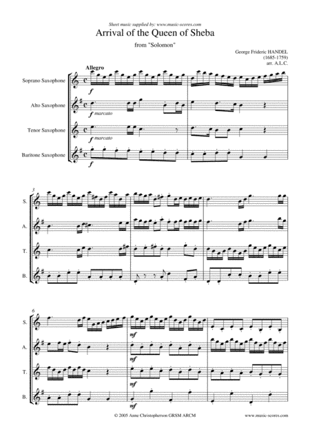 Handel: Arrival of the Queen of Sheba - Sax Quartet (arr. Anne L Christopherson GRSM ARCM)