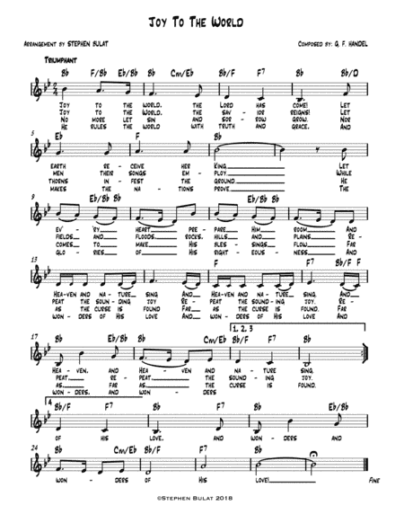 Joy To The World - Lead sheet (melody, lyrics & chords) in key of Bb (arr. Stephen Bulat)