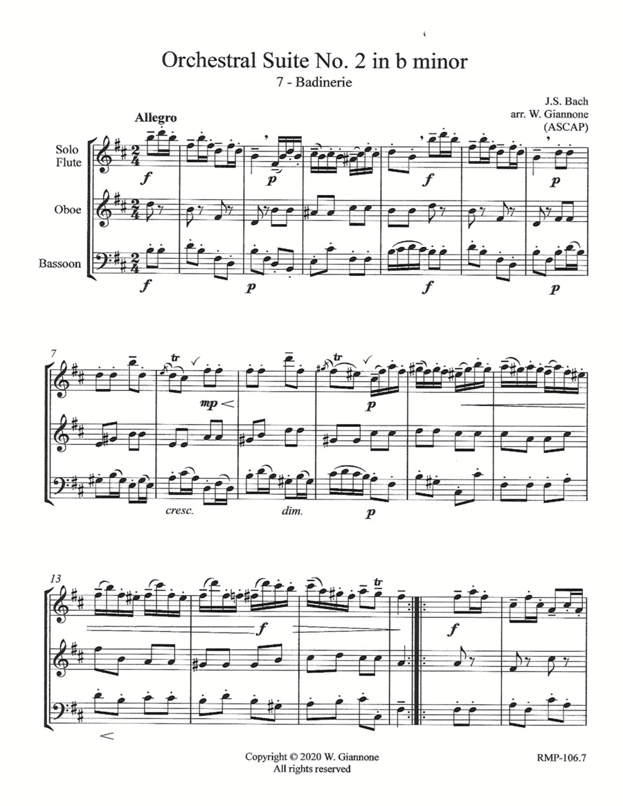Bach - Badinerie from Orchestral Suite No. 2 in b minor for solo flute, oboe and bassoon (arr. W. Giannone)