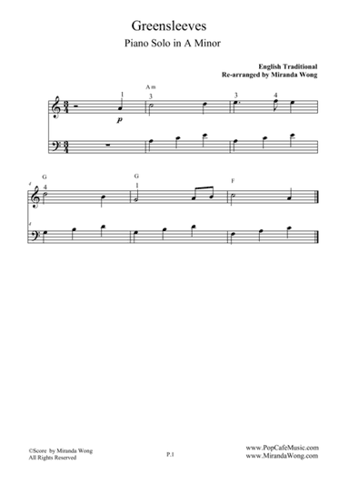 Greensleeves - Piano Solo in A Minor (What Child is This) (arr. Miranda Wong)