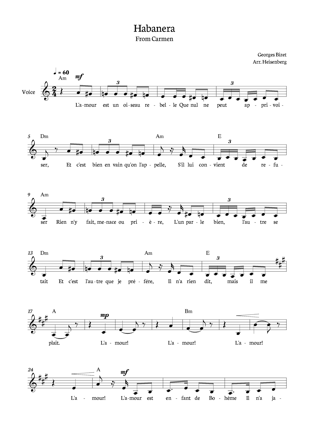Habanera - Carmen for voice in A minor with chords (arr. Heisenberg)