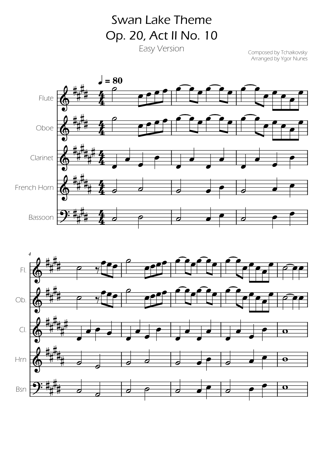 Swan Lake (theme) - Tchaikovsky - Woodwind Quintet (arr. Ygor Nunes)