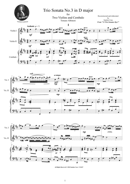 Albinoni - Trio Sonata No.3 in D major Op.1 for Two Violins and Cembalo or Piano (arr. Santino Cara)