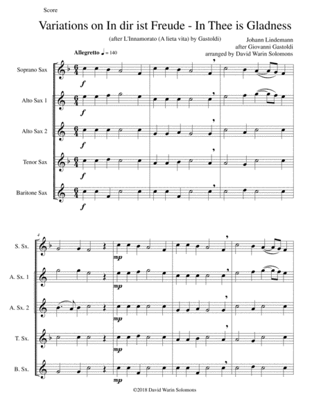 In dir ist Freude (In Thee is gladness) for saxophone quintet (soprano, 2 altos, tenor, baritone) (arr. David Warin Solomons)