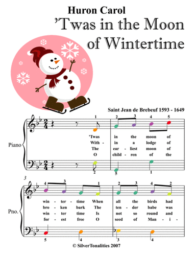 Huron Carol Twas In the Moon of Wintertime Easy Piano Sheet Music with Colored Noteheads (arr. SilverTonalities)