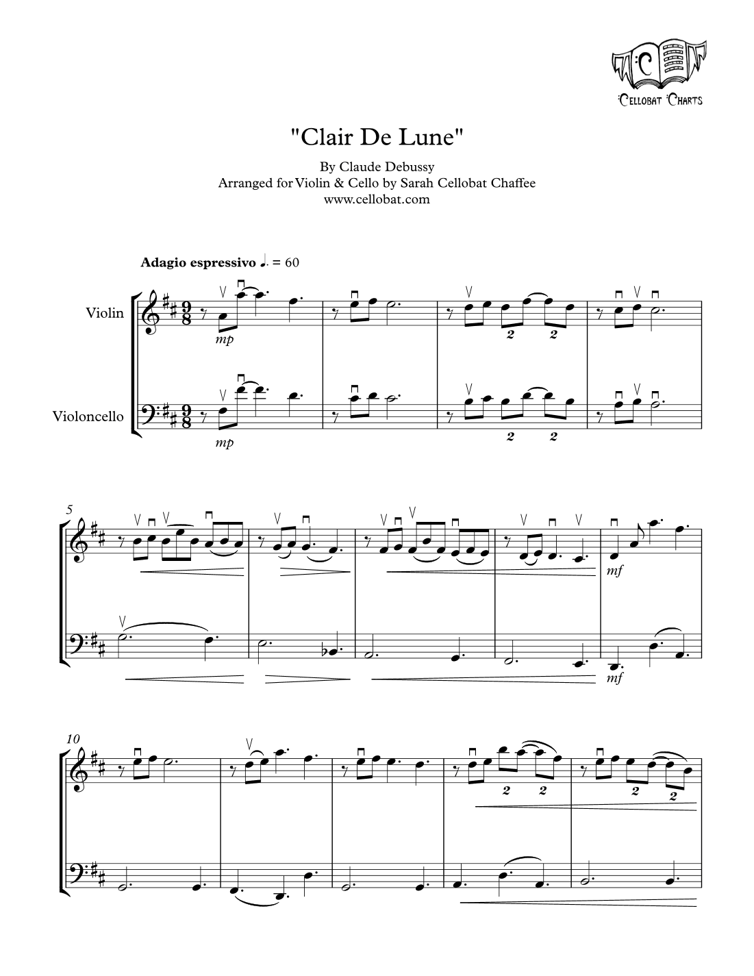 Clair De Lune - Violin & Cello Duet - Claude Debussy arr. Cellobat (arr. Sarah Cellobat Chaffee)