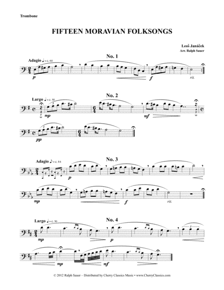 Fifteen Moravian Folk Songs for Trombone and Piano (arr. Sauer, Ralph)