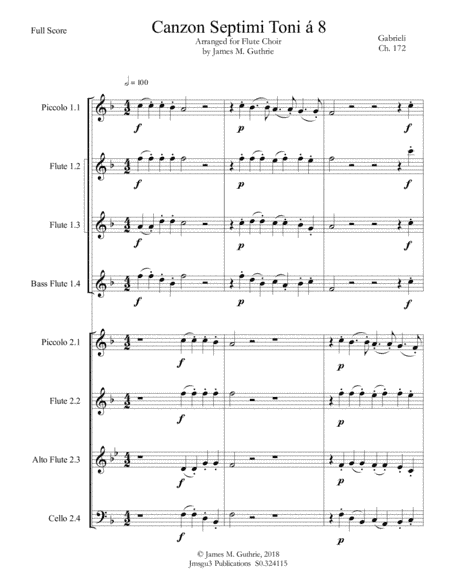 Gabrieli: Canzon Septimi Toni Ch. 172 for Flute Choir (arr. James M. Guthrie, ASCAP)