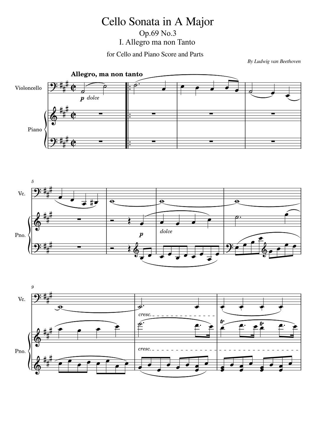 Beethoven - Sonata in A Major - Op.69 No.3 I. Allegro ma non Tanto - For Piano and Violin Original (arr. poon)