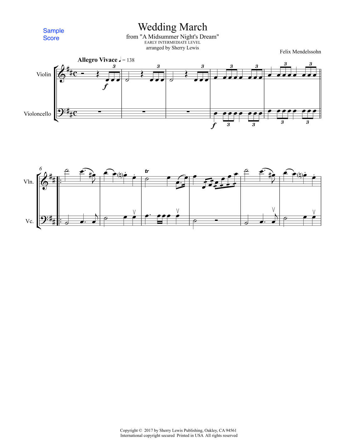 WEDDING MARCH, String Duo, Early Intermediate Level for violin and cello (arr. Sherry Lewis)