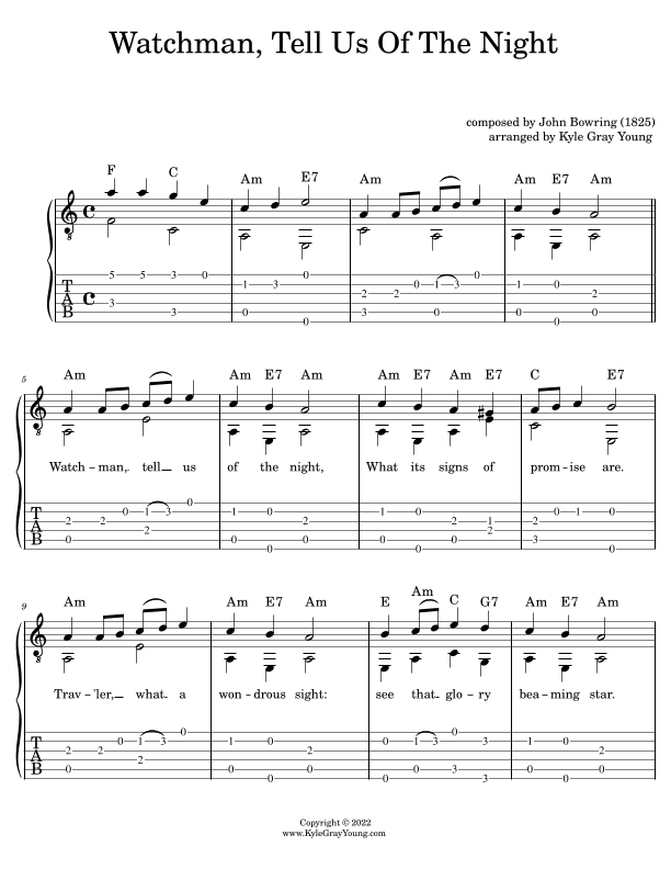 Watchman, Tell Us Of The Night (easy fingerstyle guitar tablature) (arr. Kyle Gray Young)