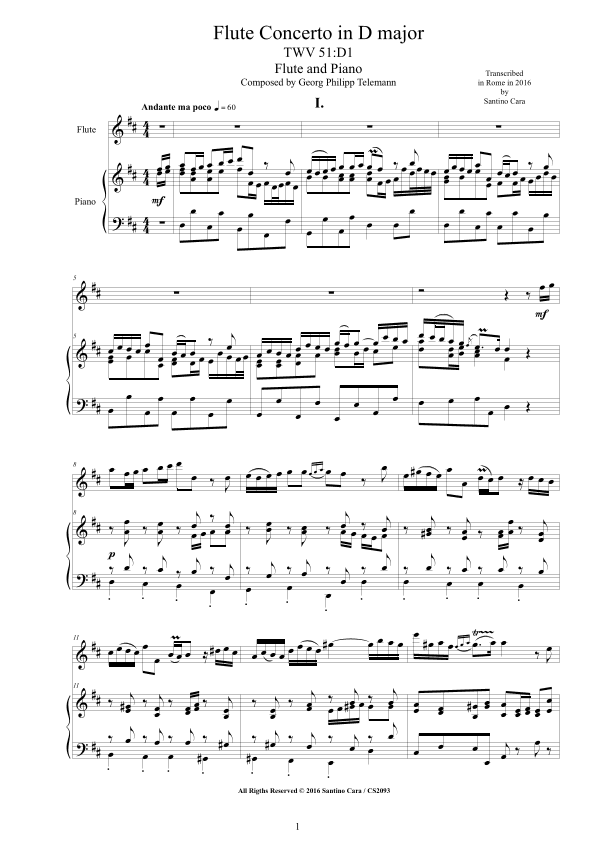 Telemann - Concerto in D major TWV51D1 for Flute and Piano (arr. Santino Cara)