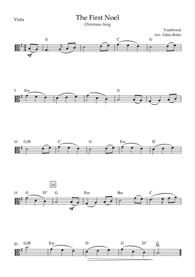 The First Noel (Christmas Song) for Viola Solo with Chords (arr. Fabio Britto)