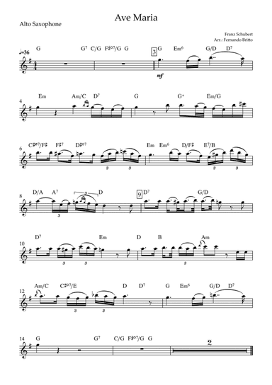 Ave Maria (Franz Schubert) for Alto Saxophone Solo with Chords (arr. Fernando Britto)
