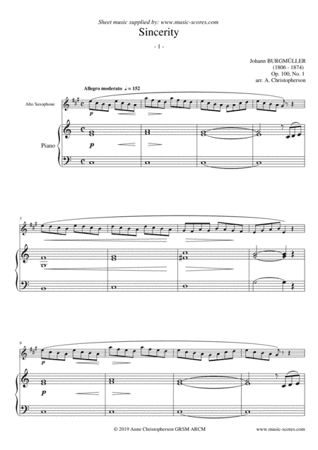 Sincerity - Burgmuller Op.100, No.1 - Alto Sax and Piano (arr. Anne L Christopherson GRSM ARCM)