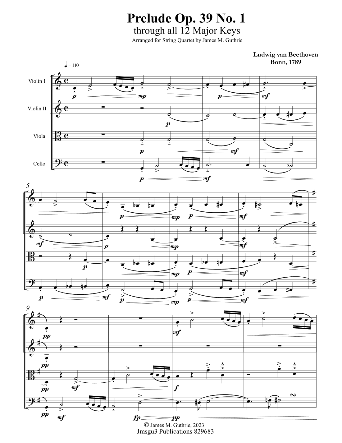 Beethoven: Prelude Op. 39 No. 1 for String Quartet (arr. James M. Guthrie, ASCAP)