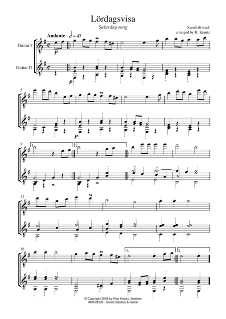 Lördagsvisa (Saturday Song) for guitar duo (arr. K. Krantz)