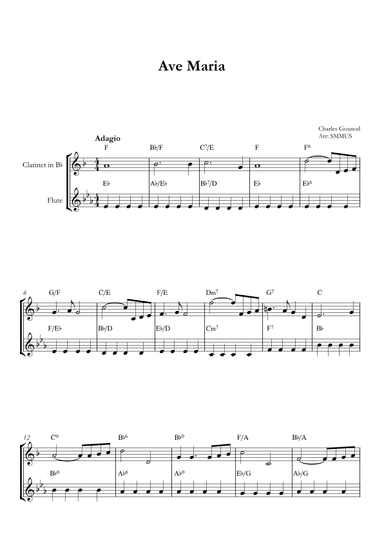 Ave Maria (Bach-Gounod) in Eb Major for Clarinet and Flute With Chords (arr. SMMUS)