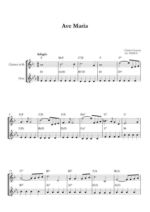 Ave Maria (Bach-Gounod) in Eb Major for Clarinet and Flute With Chords (arr. SMMUS)