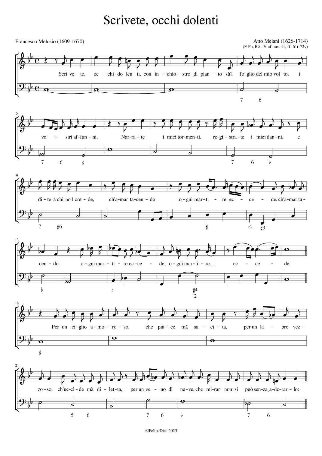 Scrivete occhi dolenti (arr. Early Music Scores)