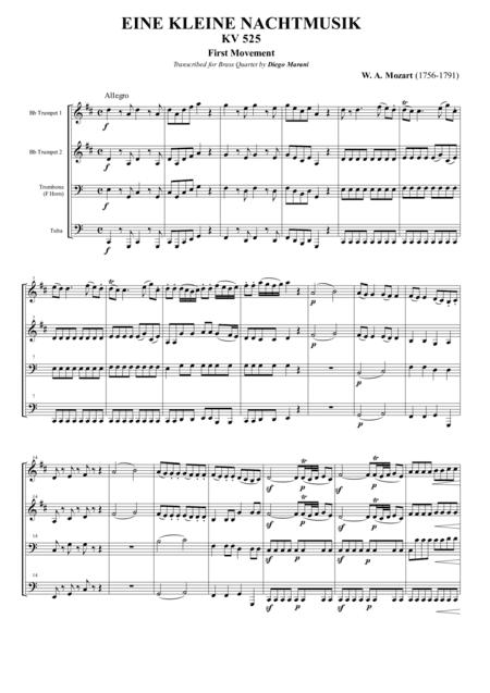 Eine Kleine Nachtmusik for Brass Quartet (1st Movement) (arr. Diego Marani)