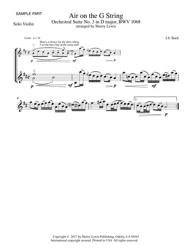 AIR ON THE G STRING for Solo Violin, Intermediate Level (arr. Sherry Lewis)