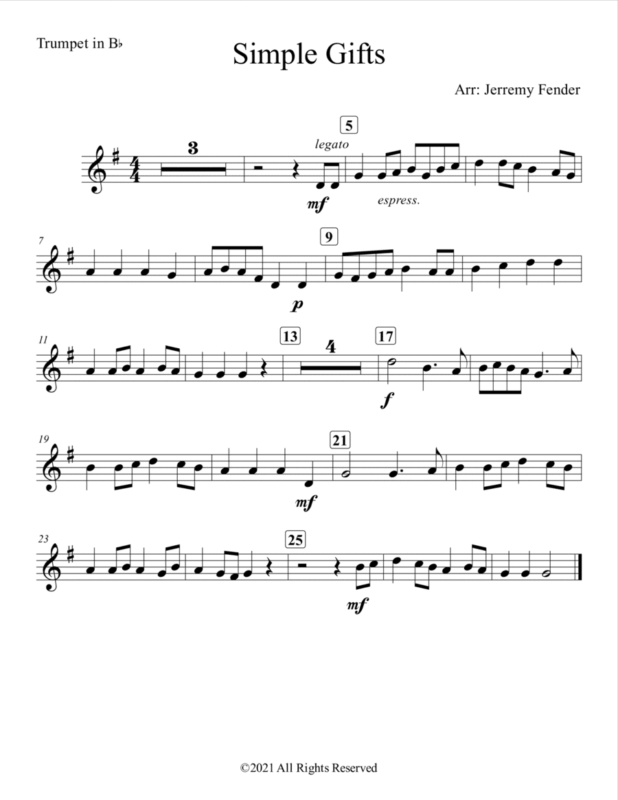 Simple Gifts (Easy) (Trumpet and Piano) (arr. Jerremy Fender)