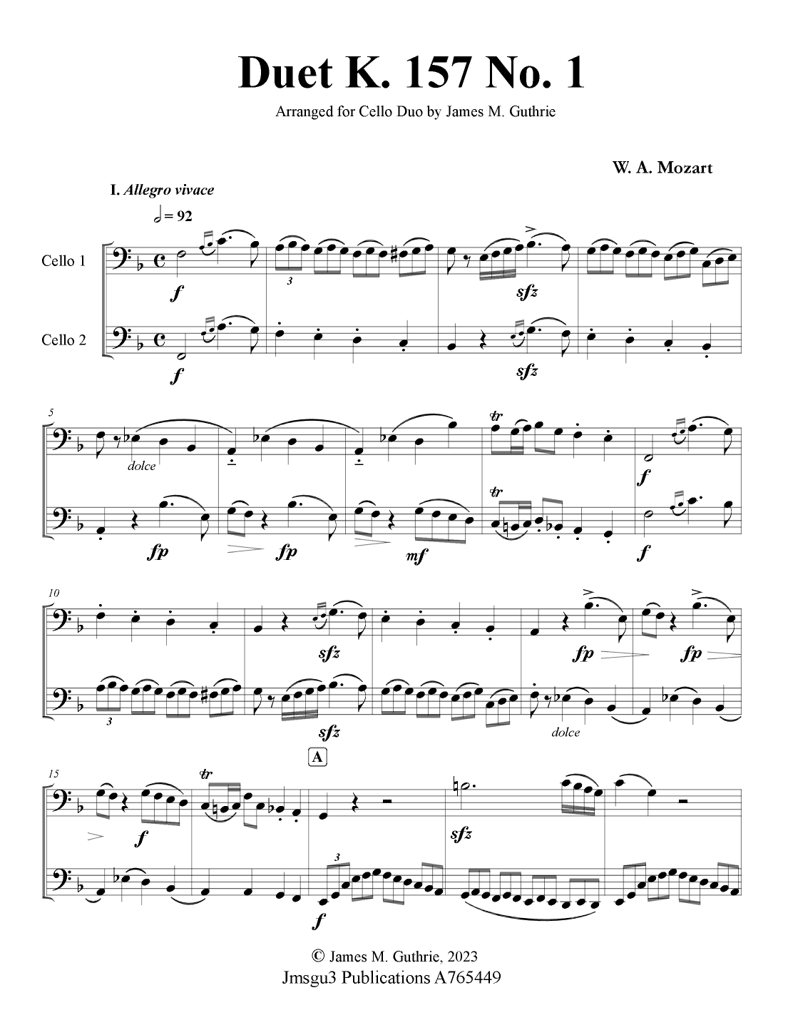 Mozart: K. 157 Complete - Three Duets for Cello Duo (arr. James M. Guthrie)